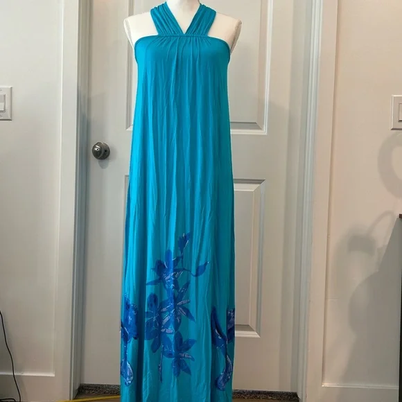 DG2 by Diane Gilman Turquoise Halter Maxi with Blue Floral Border - Picture 6 of 7